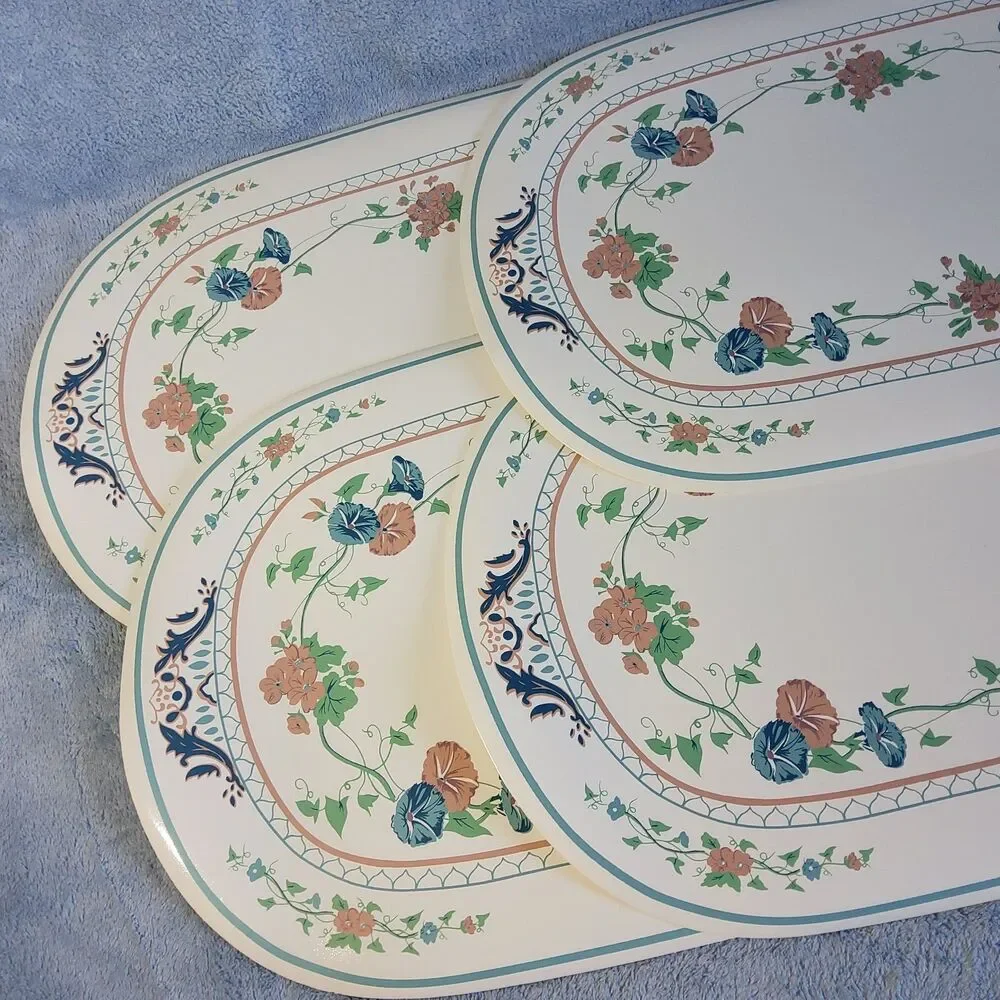 (4) Vintage 1990s Town & Country Linen Vinyl Placemats Glory Vine Floral Blue